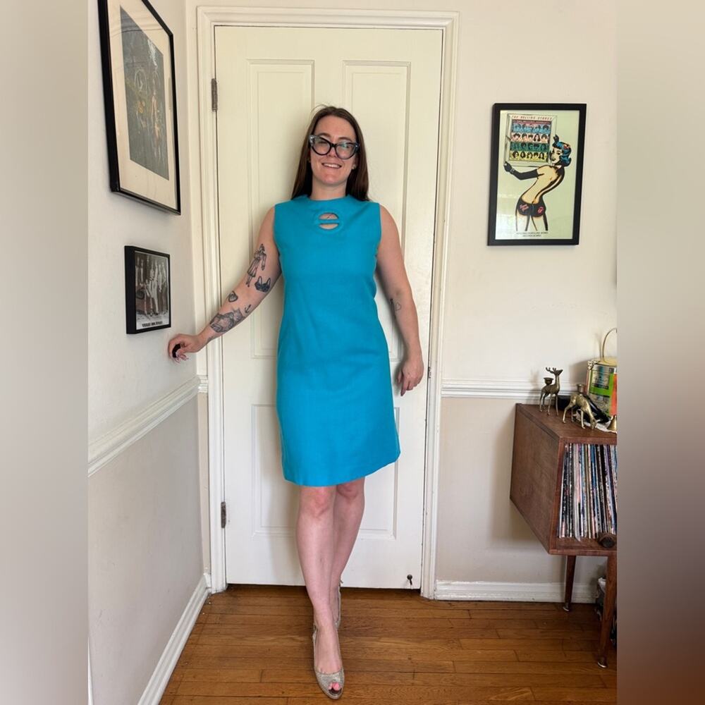 70s Vintage I Magnin Blue Linen A line Dress with Cutout